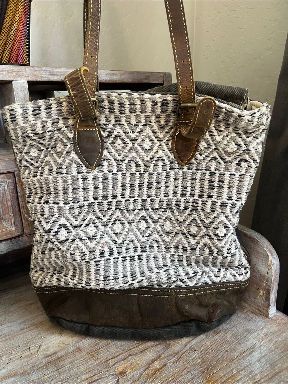 🤍 Myra Bag Tote Leather Canvas Large Brown Grey White